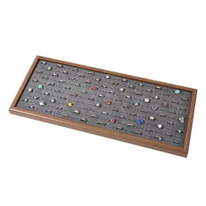 Walnussmaserung Ring Display-Tablett mit grauer Samt-Einlage, Schmuckorganizer fur Ringe.