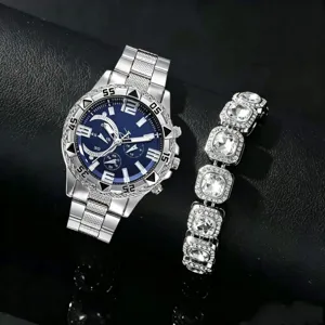 Orologio al quarzo hip-hop da uomo e bracciale in cristallo, set in lega di zinco argento.