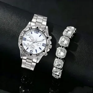Set orologio al quarzo da uomo con bracciale di cristallo, orologio hip hop in lega.