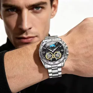 Orologio uomo quarzo lusso acciaio inossidabile scheletrato cronografo polso elegante moda