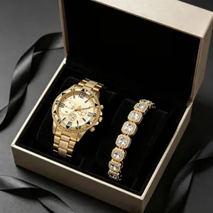 Vista dettagliata di lussuoso orologio al quarzo dorato e bracciale con strass in scatola regalo.