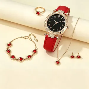 Superbe ensemble de bijoux cœur rouge avec montre quartz ciel étoilé, bague, bracelet et collier.