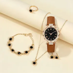 Set montre quartz femme cadran etoile bracelet cuir collier bracelet bague boucles oreilles