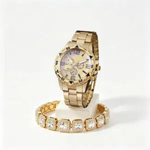Orologio uomo quarzo oro dettaglio, stile hip-hop alla moda con bracciale cuban luminoso.