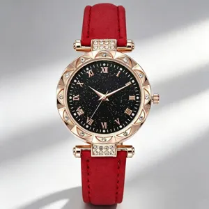 Montre quartz femme bracelet cuir rouge or strass chic luxe tendance mode elegance