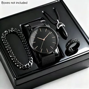 Herren Business Casual Quarz Uhr Schmuck Set Minimalistische Mesh Band Uhr Legierung Edelstahl Armband Halskette Ring Geschenk Set