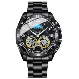Orologio uomo al quarzo in acciaio nero con quadrante scheletrato e tachimetro design