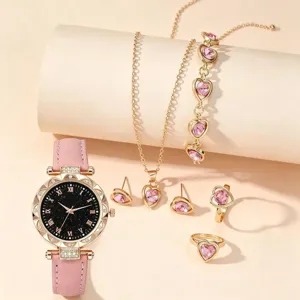 Montre quartz femme bracelet cuir rose cadran etoile avec ensemble bijoux cristal rose