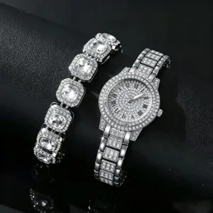 Luxe Metaal Legering Strass Vrouwen Horloge Armband Set Sterrenhemel Romeinse Cijfers Kwartsuorloge Voor Dames Feest Jurk Cadeau