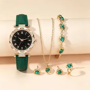 Ensemble montre quartz femme bracelet cuir vert avec collier bracelet bague boucles d'oreilles