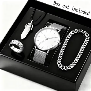 Herren Quarz Uhren Set mit Mesh Armband Ring Halskette und Kette Armband fur Herren.