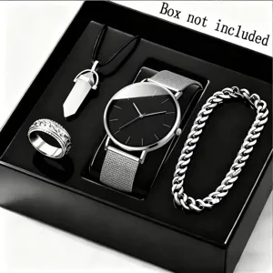 Herren minimalistische Quarzuhr und Schmuck Set mit Armband Ring Kette fuer Business Stil.