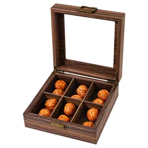 Retro wooden walnut storage box with glass lid and multiple compartments for display.