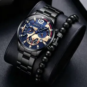 Ανδρικό Ρολόι Quartz Business Fashion και Σετ Βραχιολιού Κράμα Ψευδαργύρου Ατσάλινο Μπρασελέ Ρολόι με Ημερολόγιο Δώρο