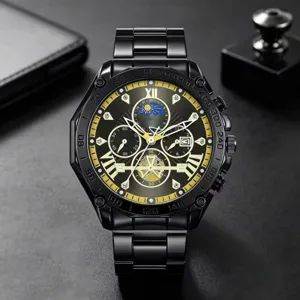 Luxus schwarze Metall Quarz Herrenuhr mit Tachymeter Lünette und römischen Zifferblatt.