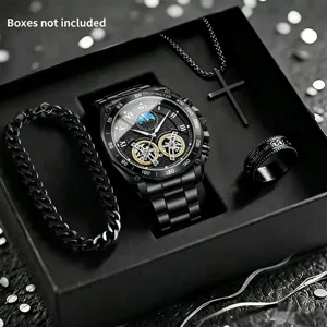Set Gioielli Orologio al Quarzo Business Casual da Uomo In Lega di Zinco Acciaio Inossidabile Quadrante Traforato Orologio da Polso Bracciale Collana Anello Set per Uomo