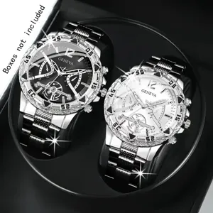 Set Orologi al Quarzo Business Casual da Uomo Grande Quadrante Cinturino in Lega di Metallo Lunetta con Strass Orologio da Polso