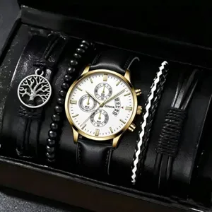Herren Business Quarzuhr Mode Mehrlagige Armband Set Rundes Legierung Zifferblatt Kunstleder Armband Kalender Herren Armbanduhr Geschenke Schmuck Set