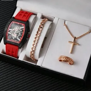Coffret cadeau mode homme montre quartz cadran squelette tonneau collier bracelet bague