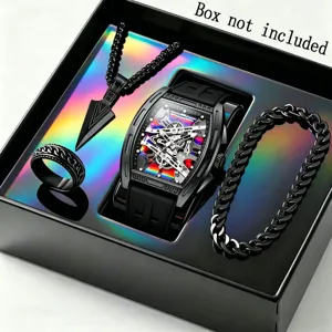 Men Business Luminous Quartz Watch Collection Alloy Silicone Barrel Case Watch With Cross Necklace Ring Bracelet Fashion Jewelry