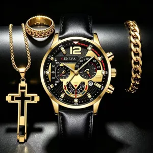 Luxus Herren Gold Quarz Uhr Set mit Lederarmband Kreuz Halskette Ring Armband