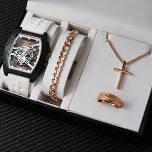 Coffret Montre Homme Luxe Cadran Squelette Bracelet Caoutchouc Collier Bague Cadeau Box