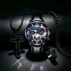 Herren Luxus Quarzuhr mit schwarzem Lederarmband blauem Zifferblatt Detailaufnahme Lifestyle
