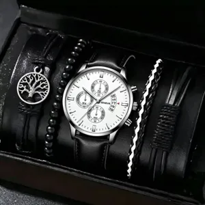 Detailansicht der Herren Quarz Uhr und passenden Lederarmbänder in schwarzer Geschenkbox.