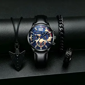 Herren Quarz Uhr Set mit Halskette Armband Ring stilvolle Business Zubehoer Geschenke
