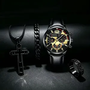 Detailansicht Herren schwarzes Quarzarmbanduhr Geschenkset mit Kreuz Halskette Armband Ring.