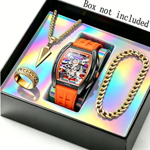 Mens 4-piece luxury watch and jewelry set with silicone strap and cross necklace.