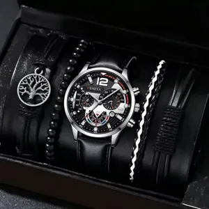Coffret cadeau montre quartz homme élégante et bracelets avec bracelet en cuir classique.