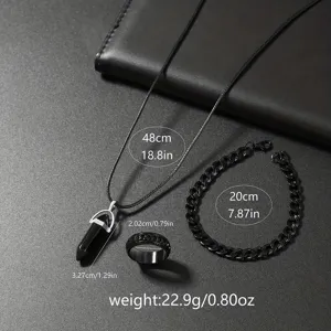 Conjunto collar colgante cristal negro pulsera anillo hombre joyas moda elegante