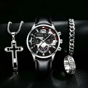 Herren Quarz Uhr Schmuck Set mit Lederarmband, Kreuz Halskette, Kette Armband und Ring.