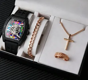 Coffret cadeau montre luxe homme detail, montre tonneau squelette avec des bijoux.
