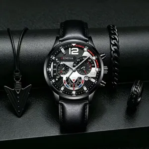 Nahaufnahme des luxuriösen Herren-Quarzuhr-Sets mit schwarzem Lederarmband und Accessoires.