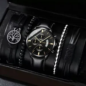 Herren Quarz Uhr Geschenk Set mit mehreren Armbändern schwarzes Lederband Luxus Box.