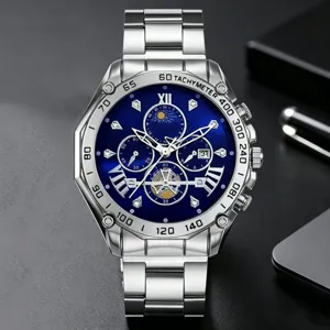 Luxus Edelstahl Quarzuhr mit blauem Zifferblatt und Tachymeter Lünette für Herren
