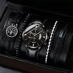 Herren Quarzuhr und geflochtene Lederarmband Geschenkset Detailansicht mit Kalenderzifferblatt.