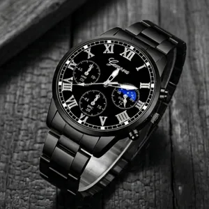 Reloj de cuarzo negro para hombre con números romanos, tres subesferas y pulsera metálica.