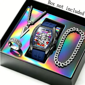 Men quartz watch silicone strap necklace ring bracelet 4-piece jewelry gift set detail
