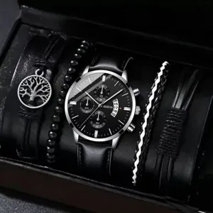 Herren Quarzarmbanduhr und Armband Geschenkset mit schwarzem Zifferblatt und Lederarmband