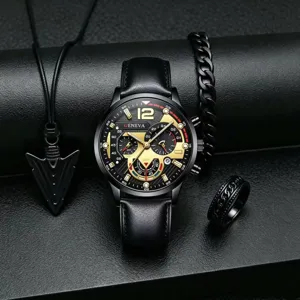 Herren Quarzarmbanduhr Set mit schwarzem Lederarmband, Kette, Armband und Ring. Modisches Geschenk.