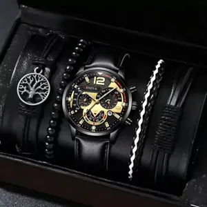 Coffret cadeau montre quartz homme et quatre bracelets, bracelet cuir noir élégant.