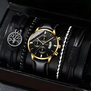 Herren Quarzarmbanduhr und Armband Set mit schwarzem Zifferblatt und goldenem Gehäuse.