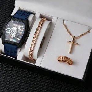 Parure Montre à Quartz Squelette Tonneau Sportive pour Hommes Avec Collier Croix Bracelet Chaîne Bague Alliage Silicone Ensemble de Montre pour Hommes Cadeau Bijoux