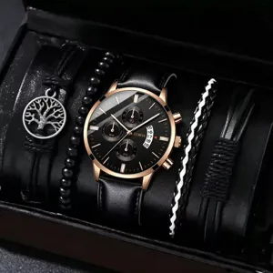 Nahaufnahme Detail von Herren Quarzwatch Leder Armband Geschenkset mit schwarzem Zifferblatt.