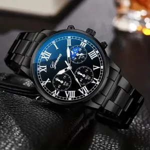Elegante reloj de cuarzo negro para hombre con números romanos, pulsera metálica y subesferas.