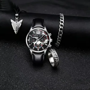 Herren Quarzarmbanduhr Schmuckset mit schwarzem Lederarmband, Kette, Armband und Ring.