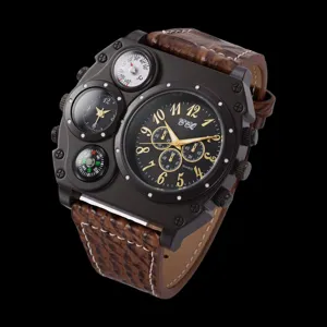 Ανδρικό ρολόι quartz oversize με πολλαπλά καντράν πυξίδα θερμόμετρο και δερμάτινο λουρί.